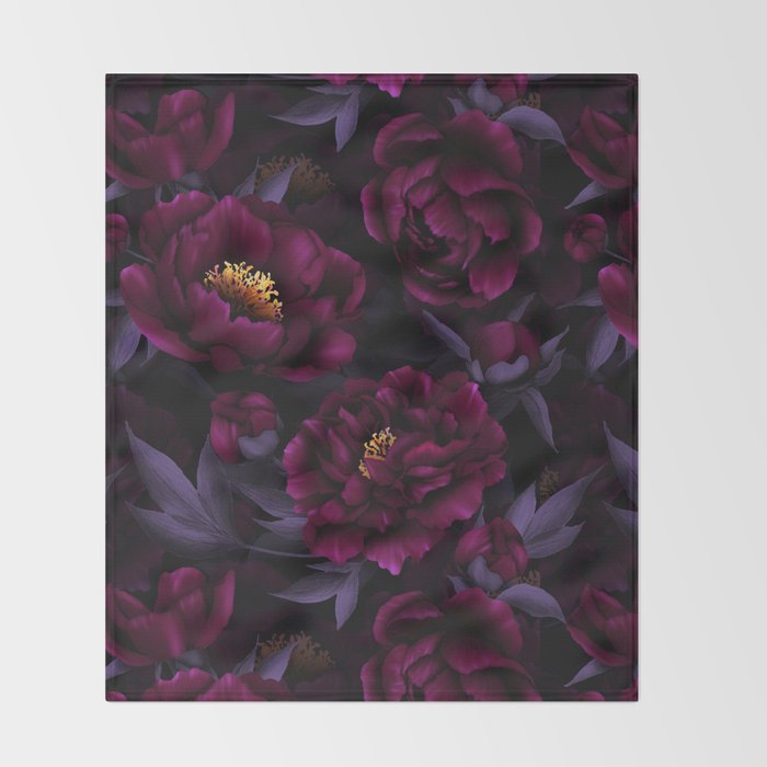 Vintage Dark Night Peonies  Throw Blanket Gallery Image 2