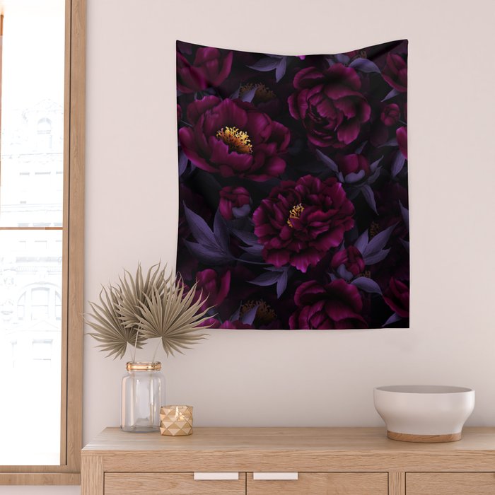 Vintage Dark Night Peonies  Wall Tapestry Gallery Image 2