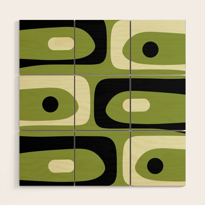 Mid Century Modern Piquet Minimalist Abstract Pattern in Olive Green and Black Wood Wall Art Gallery Image 1