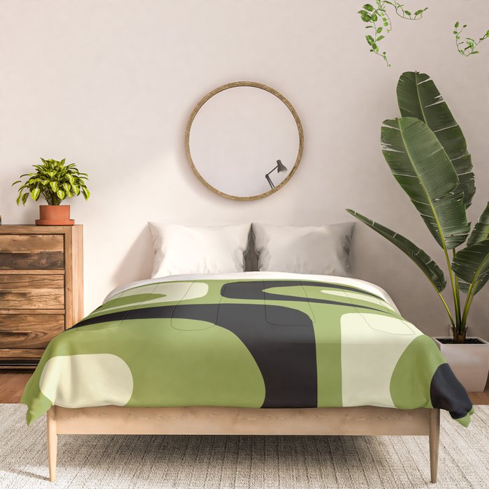 Mid Century Modern Piquet Minimalist Abstract Pattern in Olive Green and Black Comforter Gallery Image 3