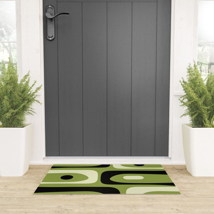 Mid Century Modern Piquet Minimalist Abstract Pattern in Olive Green and Black Welcome Mat Gallery Image 3