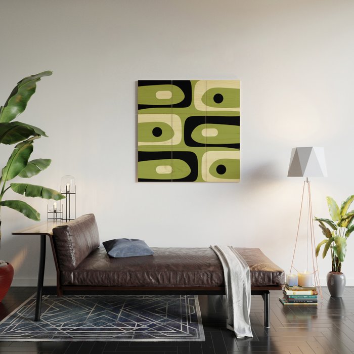 Mid Century Modern Piquet Minimalist Abstract Pattern in Olive Green and Black Wood Wall Art Gallery Image 2