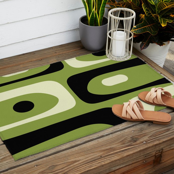 Mid Century Modern Piquet Minimalist Abstract Pattern in Olive Green and Black Outdoor Rug Gallery Image 2