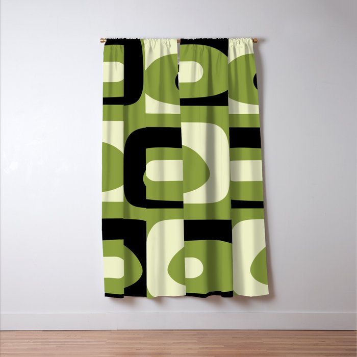 Mid Century Modern Piquet Minimalist Abstract Pattern in Olive Green and Black Window Curtain Gallery Image 3