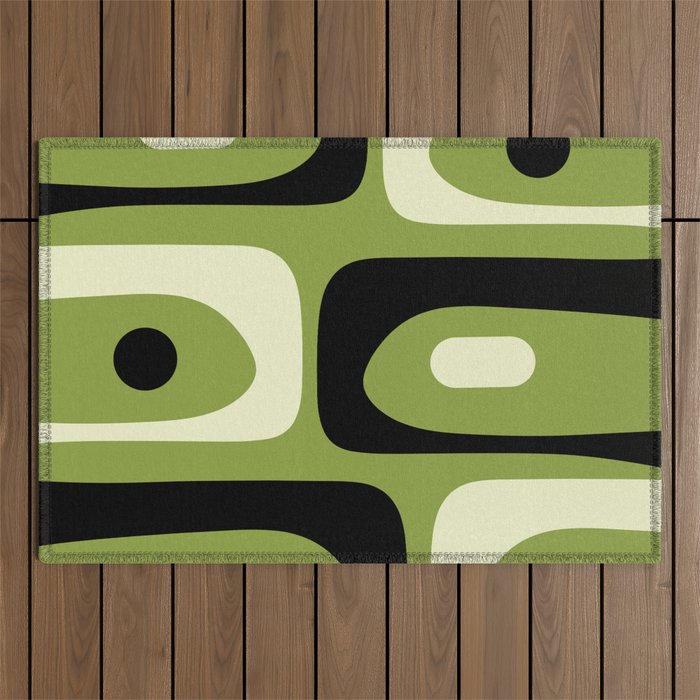 Mid Century Modern Piquet Minimalist Abstract Pattern in Olive Green and Black Outdoor Rug Gallery Image 1
