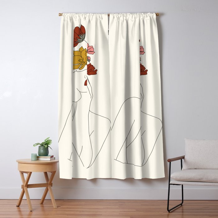 Colorful Thoughts Minimal Line Art Woman with Flowers Window Curtain Gallery Image 1