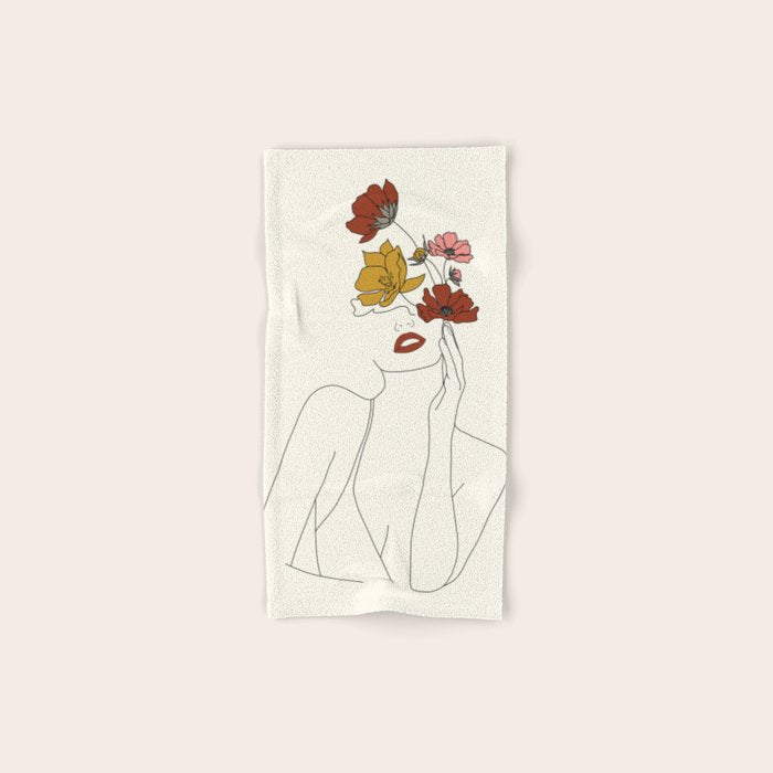 Colorful Thoughts Minimal Line Art Woman with Flowers Bath Towel Gallery Image 1