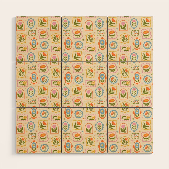 Colorful retro flower art frame art pattern Wood Wall Art Gallery Image 1