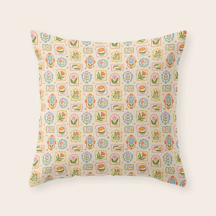 Colorful retro flower art frame art pattern Throw Pillow Gallery Image 1