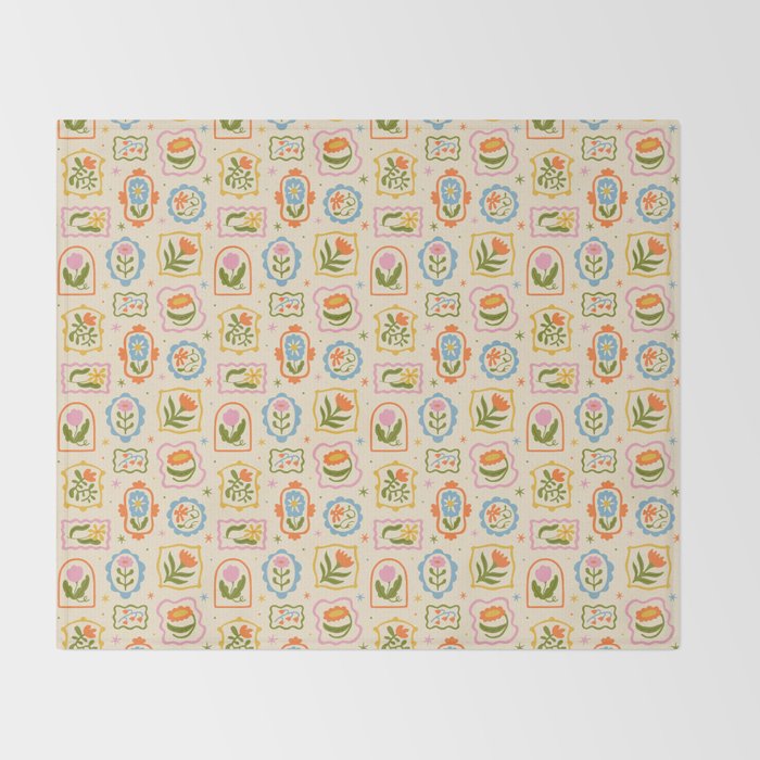 Colorful retro flower art frame art pattern Throw Blanket Gallery Image 2