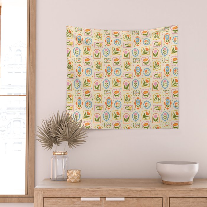 Colorful retro flower art frame art pattern Wall Tapestry Gallery Image 2