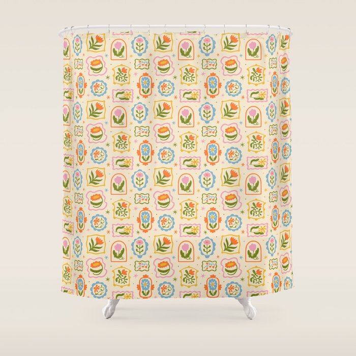 Colorful retro flower art frame art pattern Shower Curtain Gallery Image 1