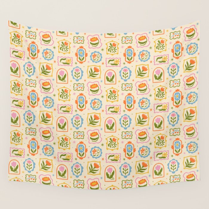 Colorful retro flower art frame art pattern Wall Tapestry Gallery Image 1