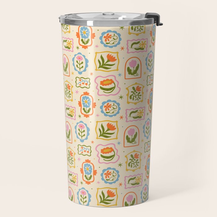 Colorful retro flower art frame art pattern Travel Mug Gallery Image 2