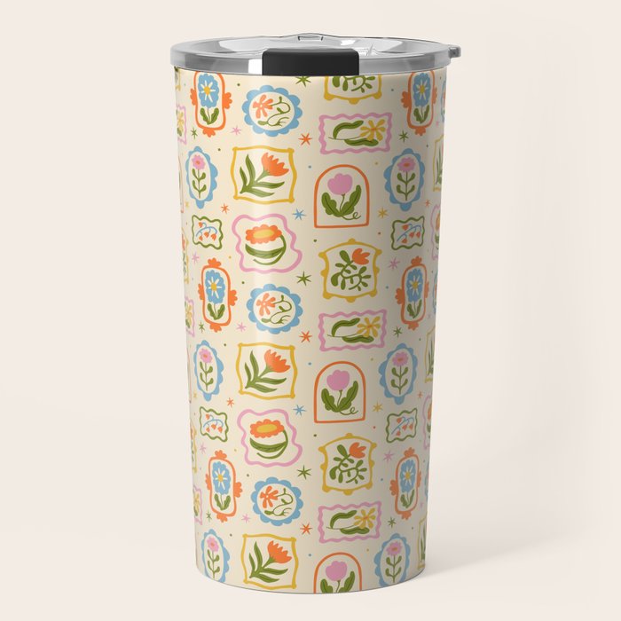 Colorful retro flower art frame art pattern Travel Mug Gallery Image 1