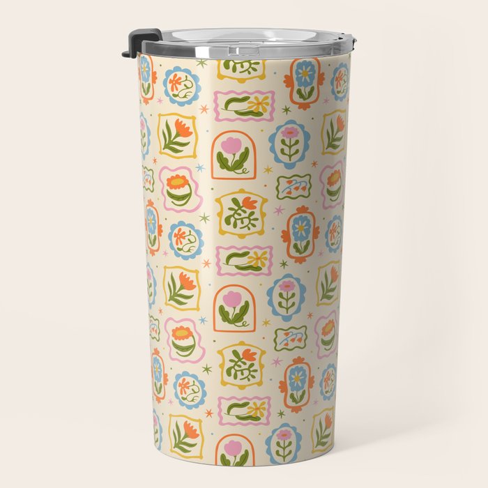Colorful retro flower art frame art pattern Travel Mug Gallery Image 3