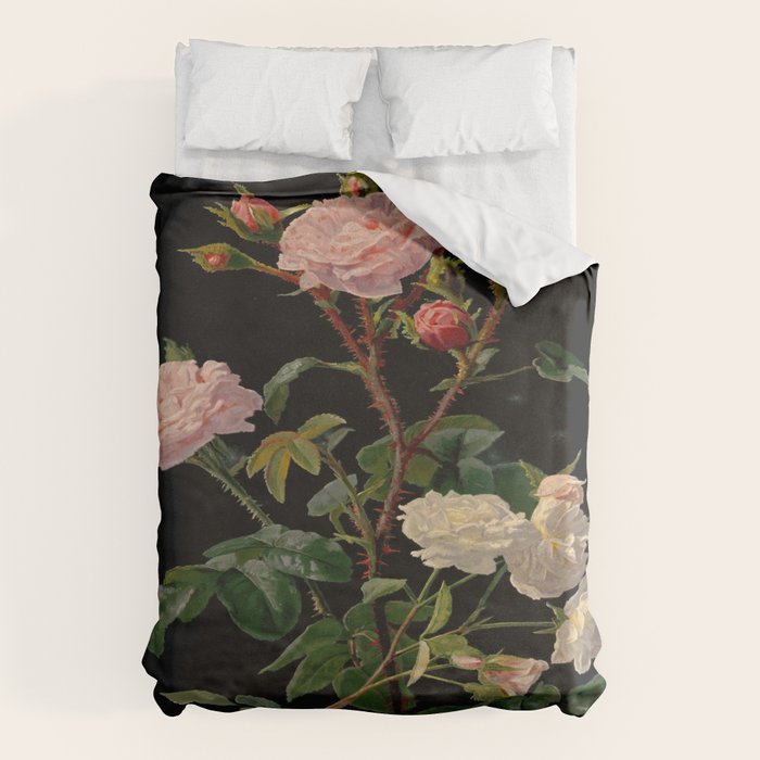 Vintage Botanical Illustration Beautiful Lush Roses Flowers Black Background Duvet Cover Gallery Image 1