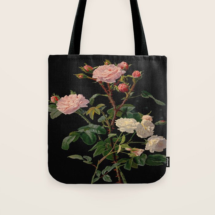 Vintage Botanical Illustration Beautiful Lush Roses Flowers Black Background Tote Bag Gallery Image 1