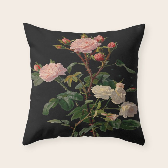 Vintage Botanical Illustration Beautiful Lush Roses Flowers Black Background Throw Pillow Gallery Image 1