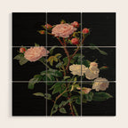 Vintage Botanical Illustration Beautiful Lush Roses Flowers Black Background Wood Wall Art Gallery Image 1