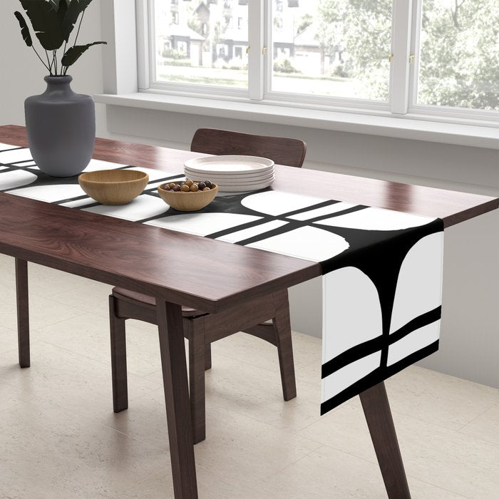 Mid Century Modern Scandinavian Geometric 132 Black and White Table Runner Gallery Image 2