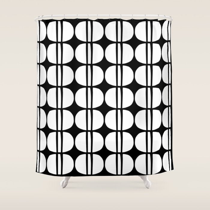 Mid Century Modern Scandinavian Geometric 132 Black and White Shower Curtain Gallery Image 1