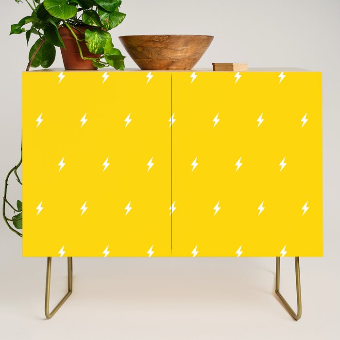 White Lightning Bolt pattern on Yellow background Credenza Gallery Image 1