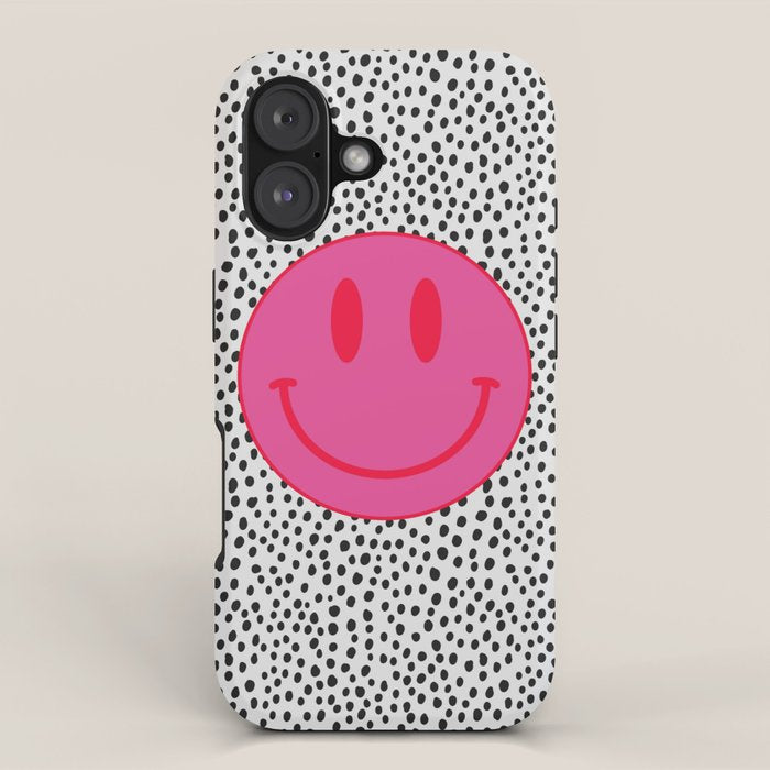 Cute Pink and Red Smiley Face on Black and White Background iPhone Case Gallery Image 1