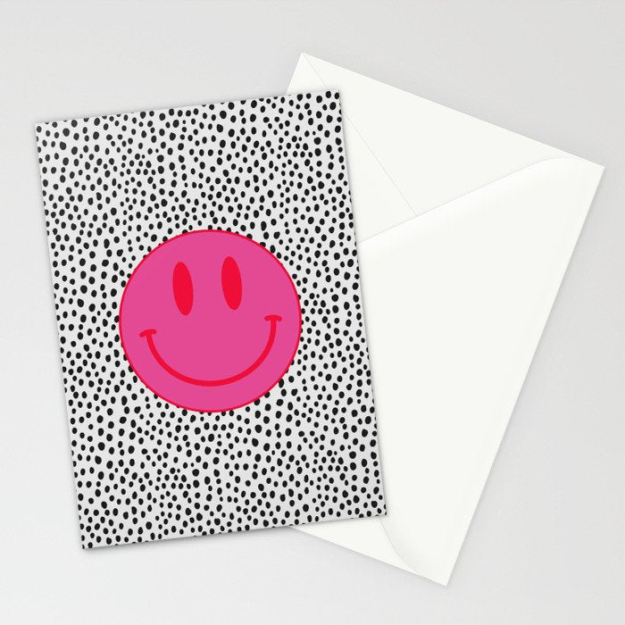 Cute Pink and Red Smiley Face on Black and White Background Stationery Card Gallery Image 2