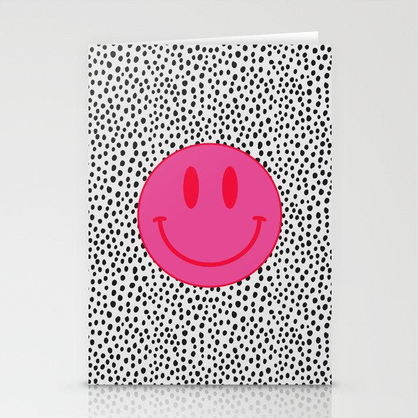 Cute Pink and Red Smiley Face on Black and White Background Stationery Card Gallery Image 1