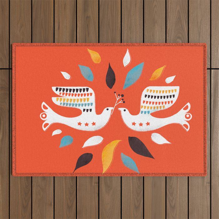 Festive doves - folk illustration Outdoor Rug Gallery Image 1