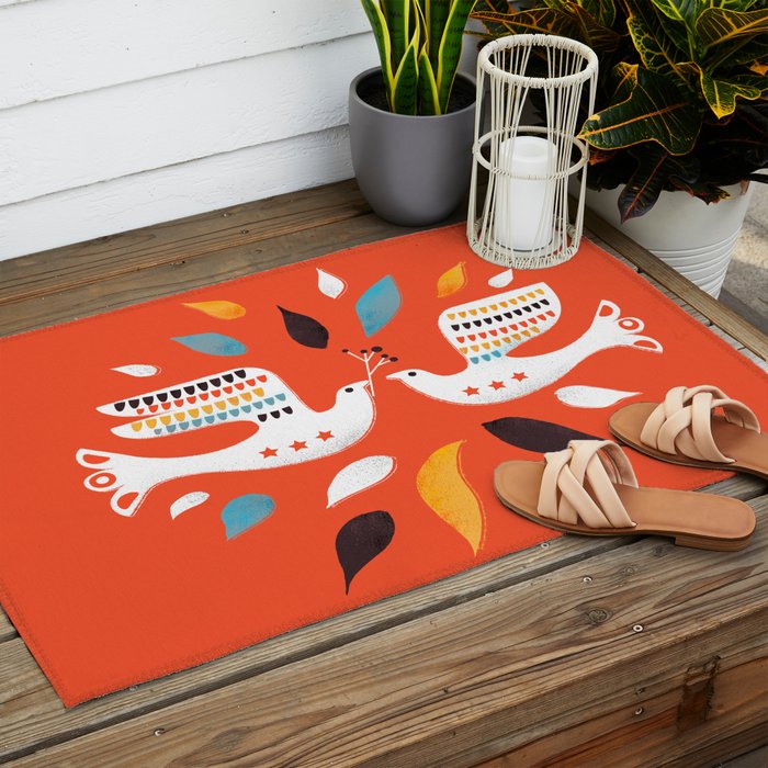 Festive doves - folk illustration Outdoor Rug Gallery Image 2