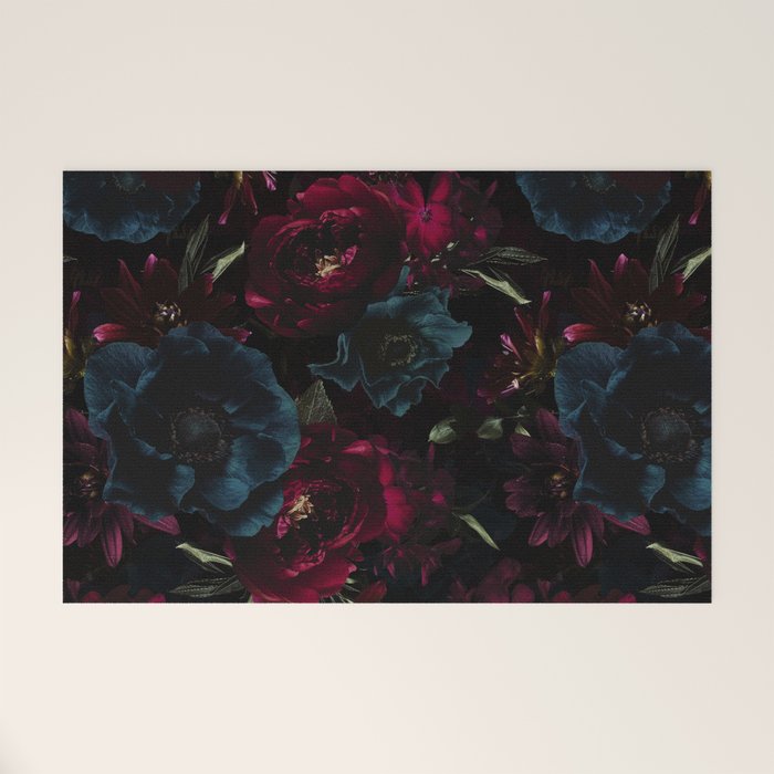 Vintage Black Dramatic Glamour Autumn Romanticism: Maximalism Moody Florals - Grand Millennial Burgundy And Teal Peonies Bouquets,  Nostalgic Gothic Mystic Night Flowers Welcome Mat Gallery Image 1