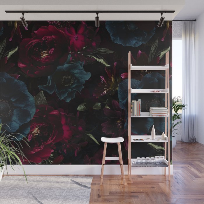 Vintage Black Dramatic Glamour Autumn Romanticism: Maximalism Moody Florals - Grand Millennial Burgundy And Teal Peonies Bouquets,  Nostalgic Gothic Mystic Night Flowers Wall Mural Gallery Image 1