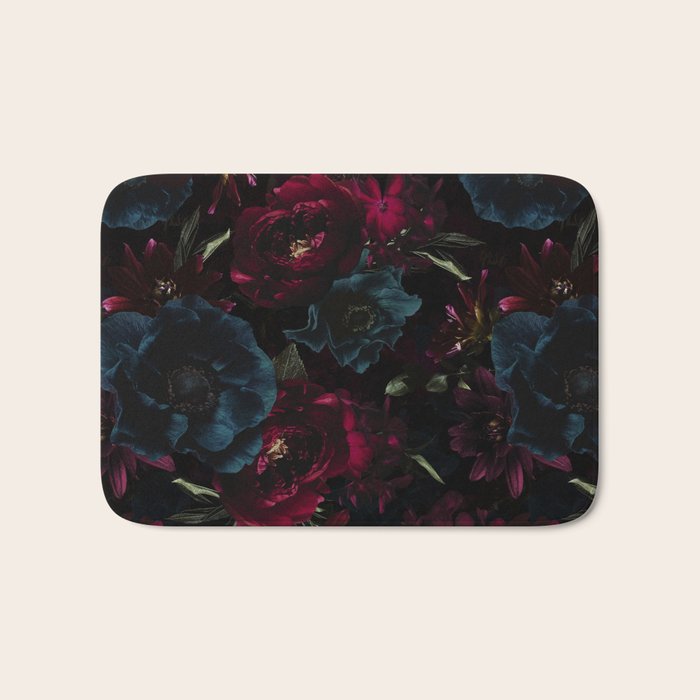Vintage Black Dramatic Glamour Autumn Romanticism: Maximalism Moody Florals - Grand Millennial Burgundy And Teal Peonies Bouquets,  Nostalgic Gothic Mystic Night Flowers Bath Mat Gallery Image 1