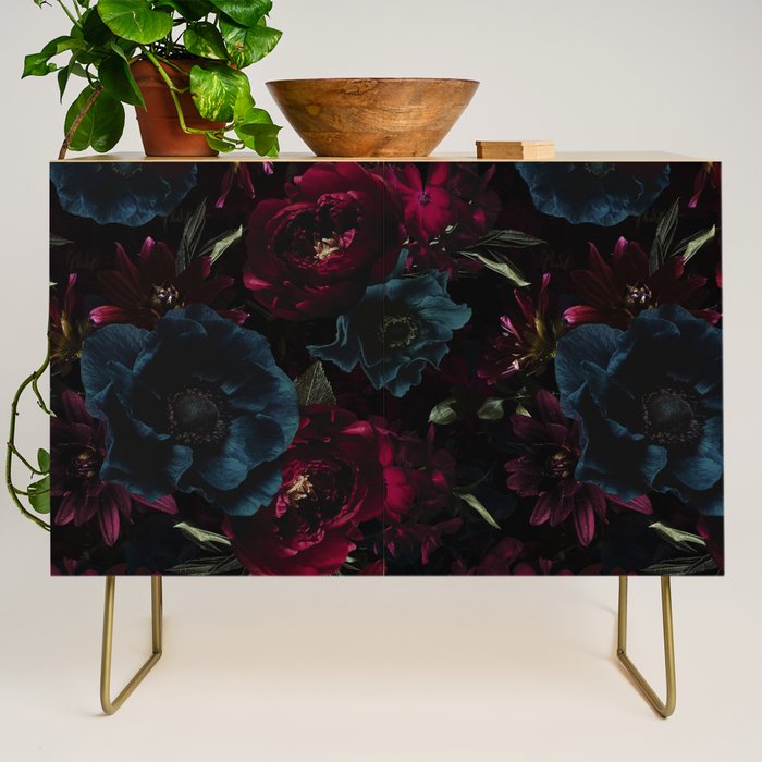 Vintage Black Dramatic Glamour Autumn Romanticism: Maximalism Moody Florals - Grand Millennial Burgundy And Teal Peonies Bouquets,  Nostalgic Gothic Mystic Night Flowers Credenza Gallery Image 1