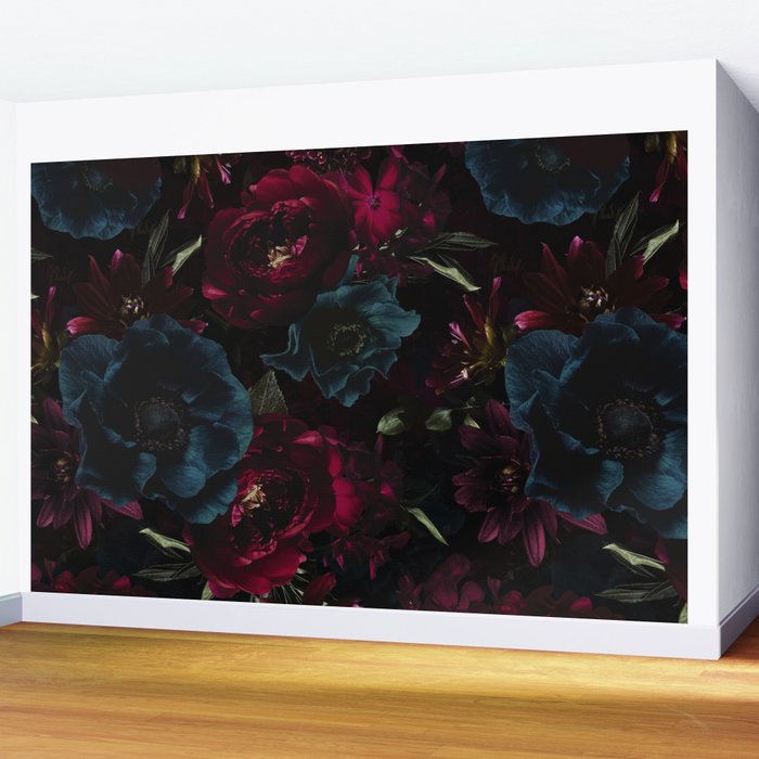Vintage Black Dramatic Glamour Autumn Romanticism: Maximalism Moody Florals - Grand Millennial Burgundy And Teal Peonies Bouquets,  Nostalgic Gothic Mystic Night Flowers Wall Mural Gallery Image 2