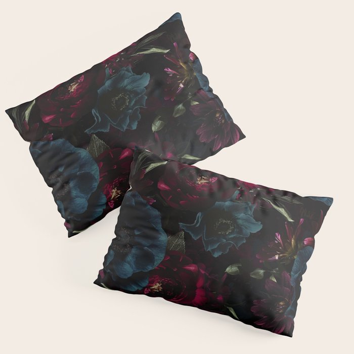 Vintage Black Dramatic Glamour Autumn Romanticism: Maximalism Moody Florals - Grand Millennial Burgundy And Teal Peonies Bouquets,  Nostalgic Gothic Mystic Night Flowers Pillow Sham Gallery Image 3