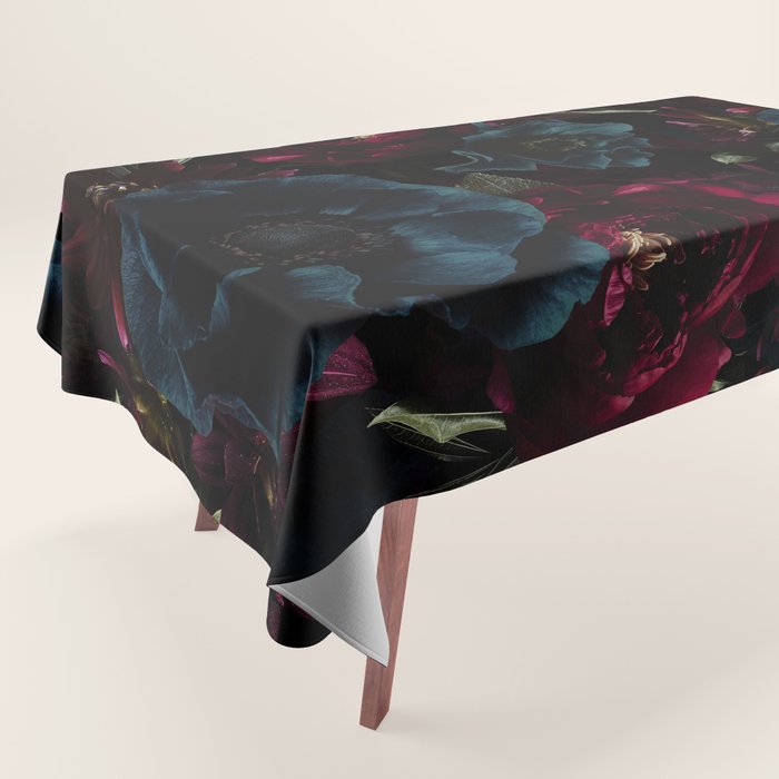Vintage Black Dramatic Glamour Autumn Romanticism: Maximalism Moody Florals - Grand Millennial Burgundy And Teal Peonies Bouquets,  Nostalgic Gothic Mystic Night Flowers Tablecloth Gallery Image 1