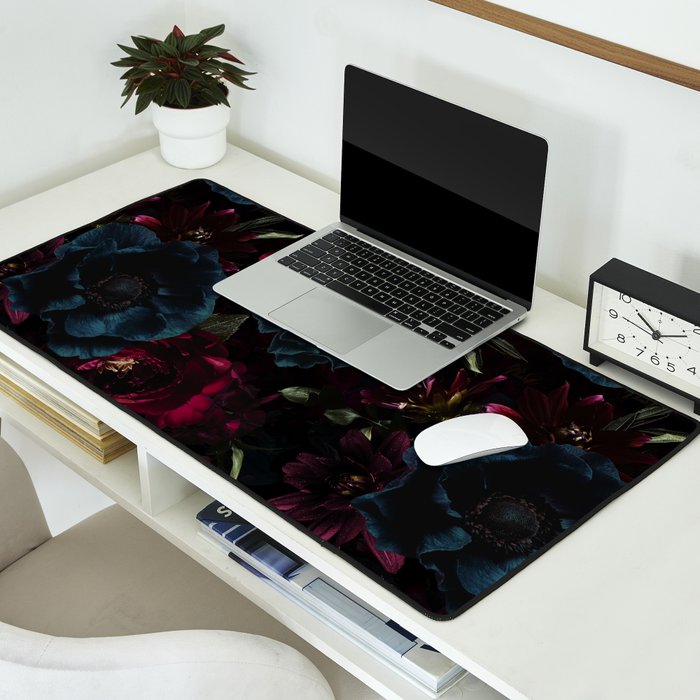 Vintage Black Dramatic Glamour Autumn Romanticism: Maximalism Moody Florals - Grand Millennial Burgundy And Teal Peonies Bouquets,  Nostalgic Gothic Mystic Night Flowers Desk Mat Gallery Image 2