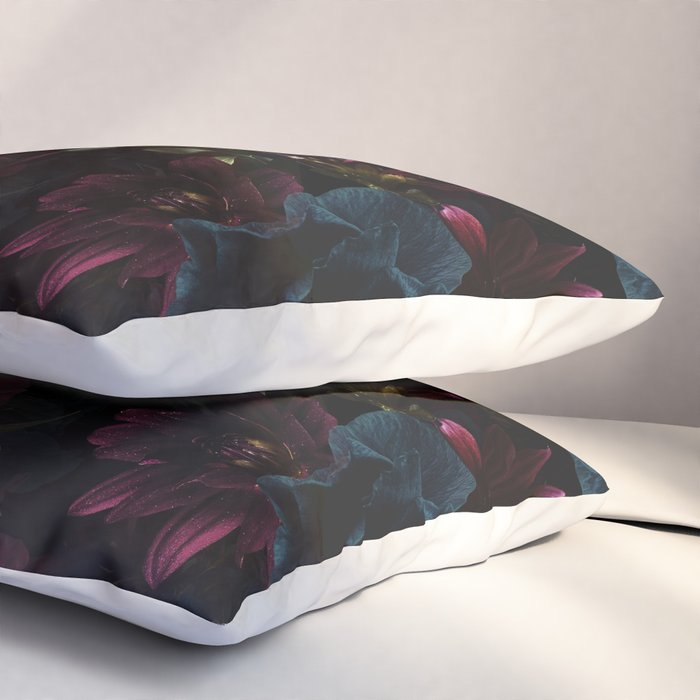 Vintage Black Dramatic Glamour Autumn Romanticism: Maximalism Moody Florals - Grand Millennial Burgundy And Teal Peonies Bouquets,  Nostalgic Gothic Mystic Night Flowers Pillow Sham Gallery Image 3