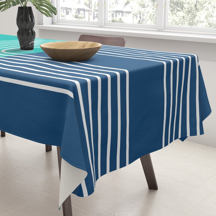 Geometric Lines in Blue Teal Yellow (Sun and Rainbow abstraction) Tablecloth Gallery Image 3