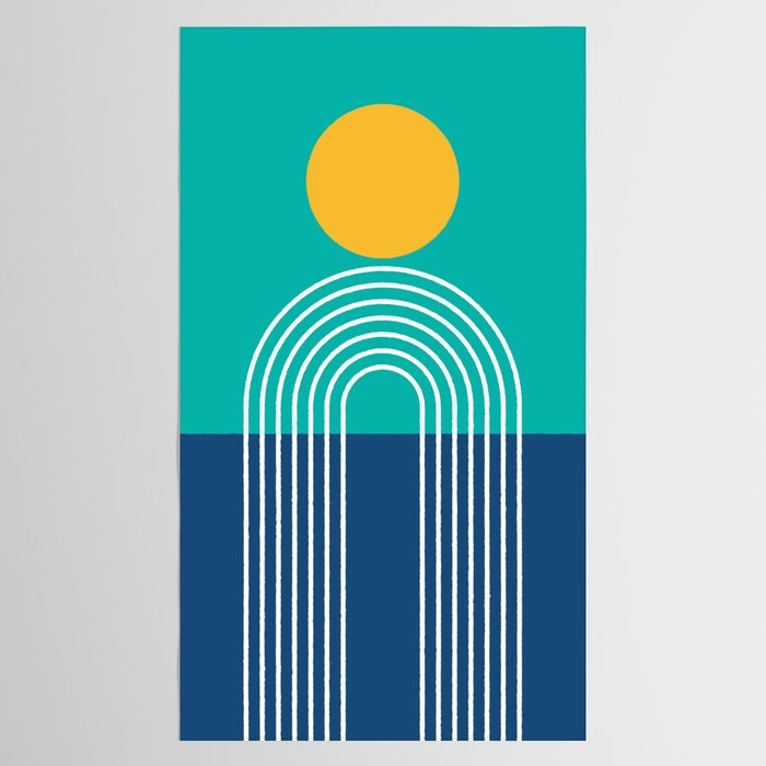 Geometric Lines in Blue Teal Yellow (Sun and Rainbow abstraction) Tablecloth Gallery Image 2