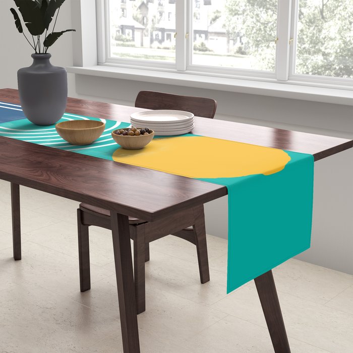 Geometric Lines in Blue Teal Yellow (Sun and Rainbow abstraction) Table Runner Gallery Image 2