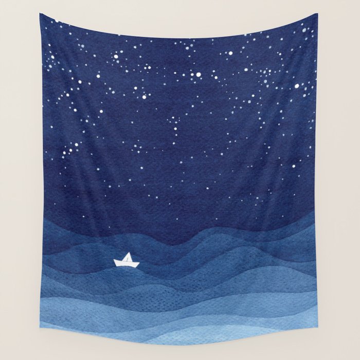 blue ocean waves, sailboat ocean stars Wall Tapestry Gallery Image 4