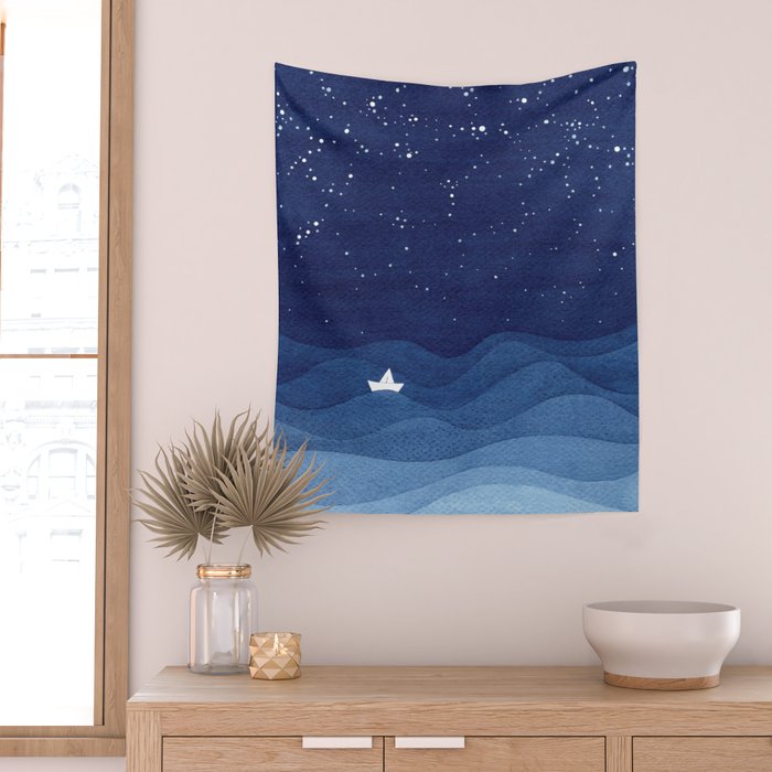 blue ocean waves, sailboat ocean stars Wall Tapestry Gallery Image 2
