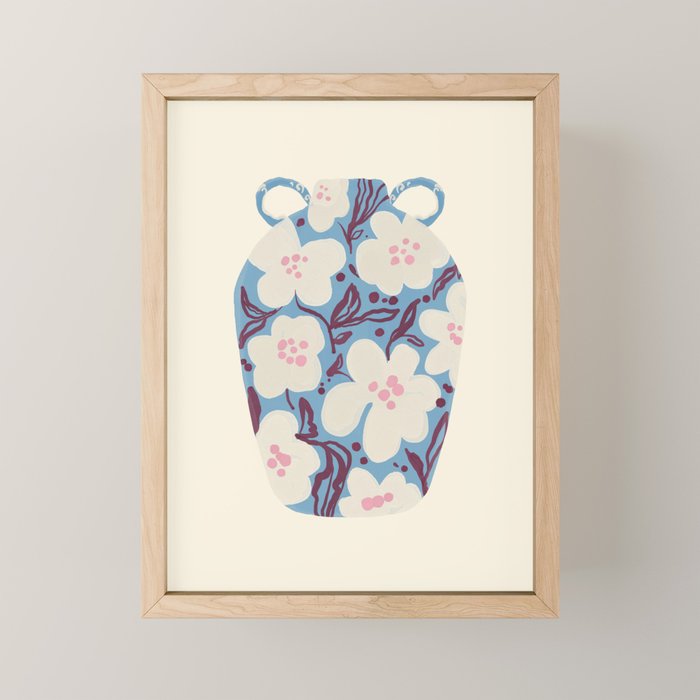 Blue Floral Folk Vase Mini Art Print Gallery Image 1