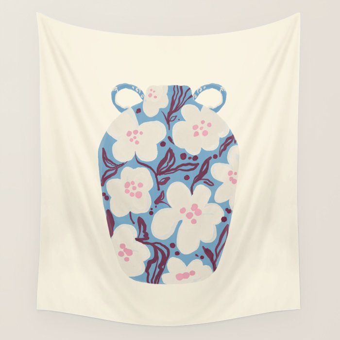 Blue Floral Folk Vase Wall Tapestry Gallery Image 1