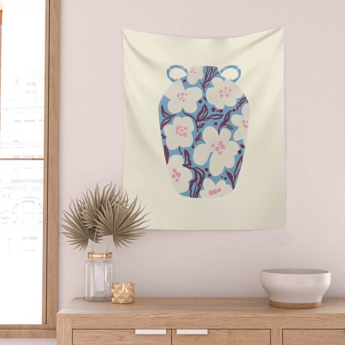 Blue Floral Folk Vase Wall Tapestry Gallery Image 2