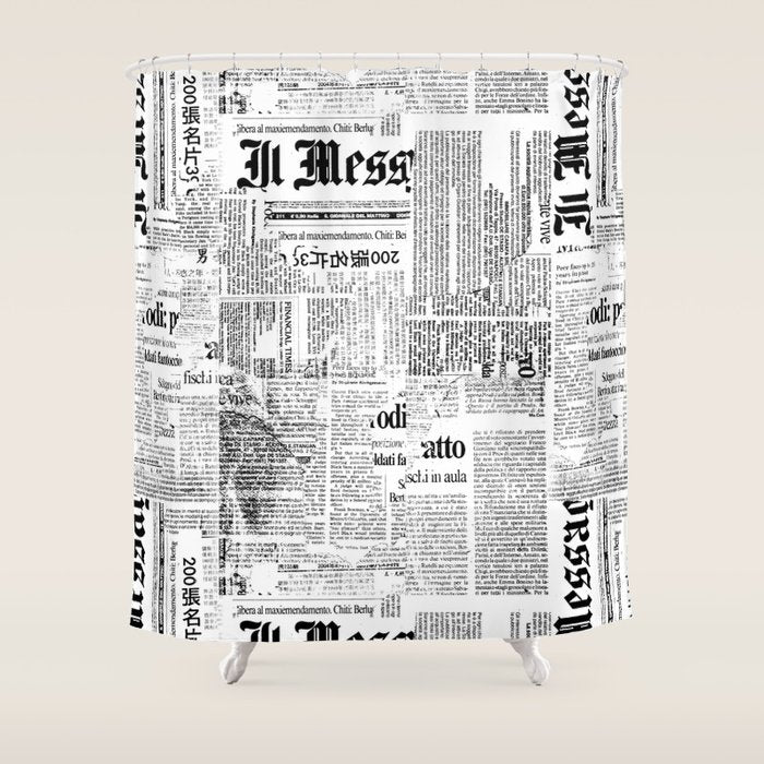Black And White Collage Of Grunge Newspaper Fragments Shower Curtain Gallery Image 1